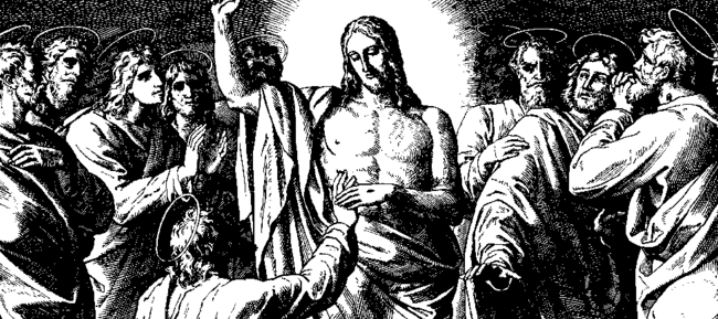 Black and white drawing of doubting Thomas