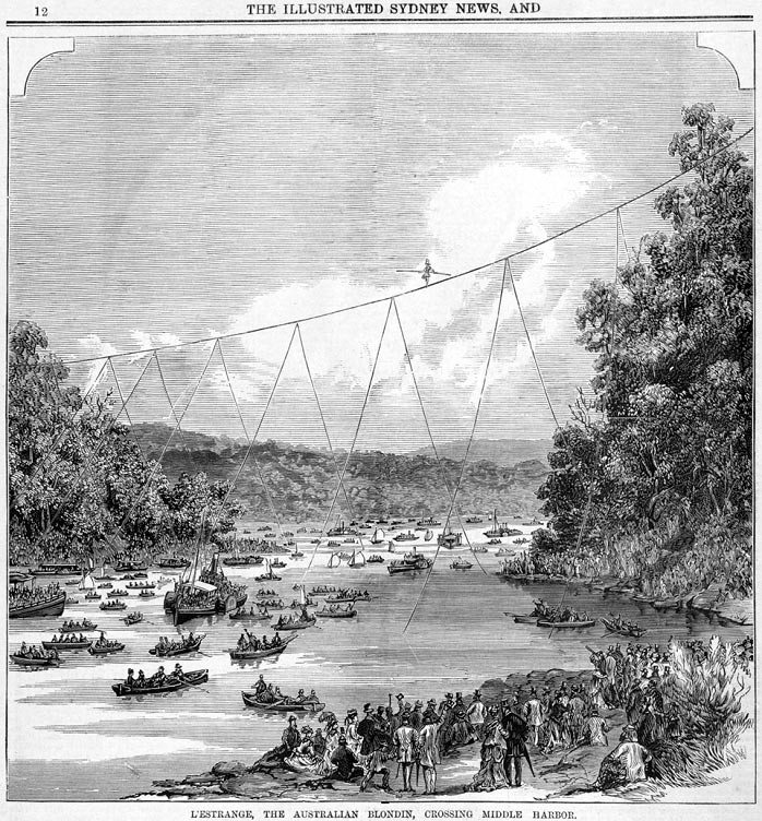 black and white illustration of tightrope walker high about a river with boats below him and onlookers from the riverbank